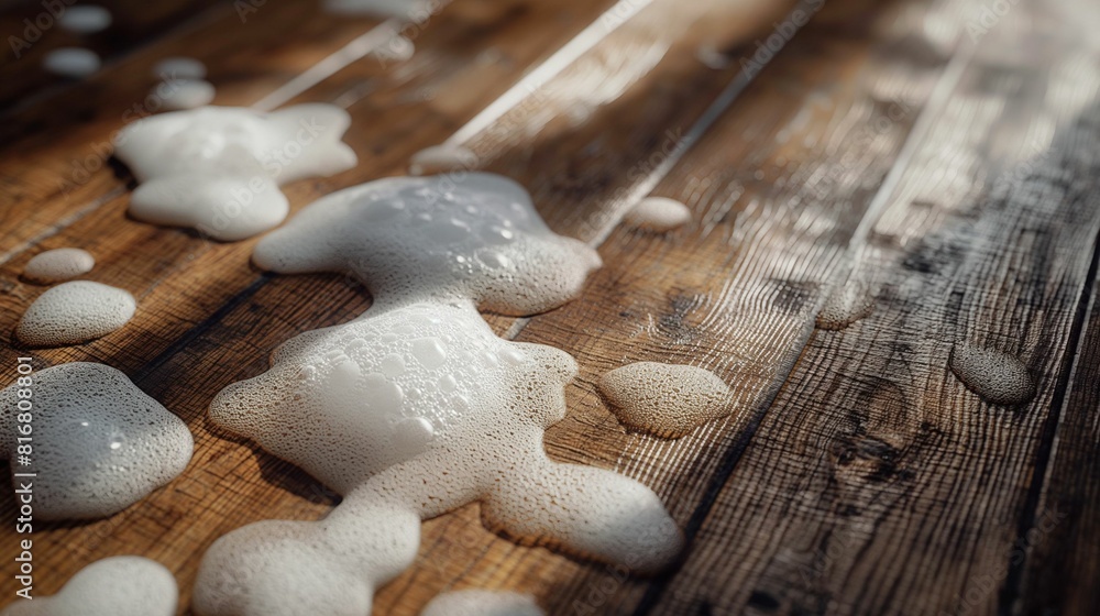 Soap suds on a wooden surface with sunlight highlights. Soap suds on a wooden surface with sunlight highlights.