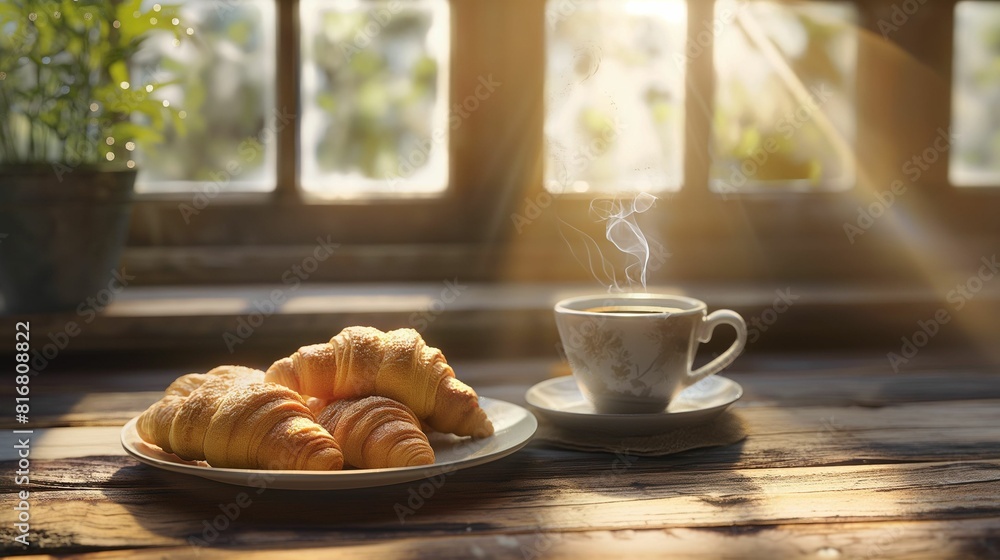 Fresh croissants and hot coffee on a rustic wooden table at sunrise. Fresh croissants and hot coffee on a rustic wooden table at sunrise.