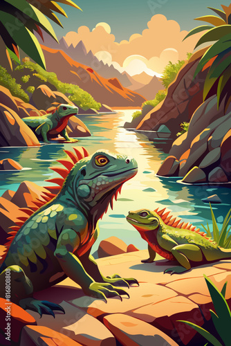 Vibrant Tropical Iguanas Basking in Serene River Landscape. Vector illustration
