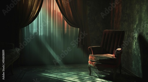 Vintage armchair in a dark room with dramatic red curtains and beams of light.