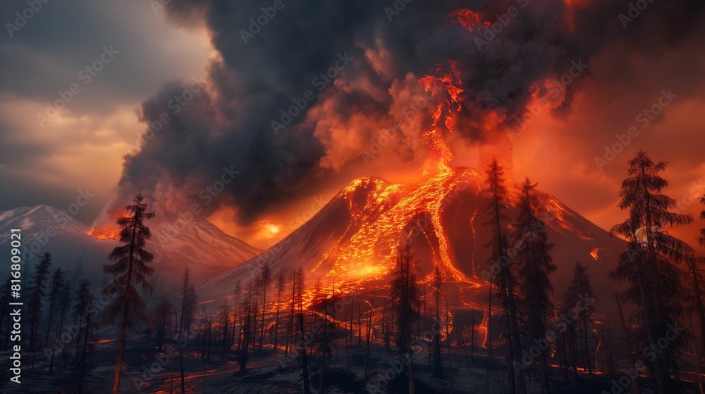 Erupting volcano with molten lava flowing through a burning forest under a dramatic sky. Erupting volcano with molten lava flowing through a burning forest under a dramatic sky.