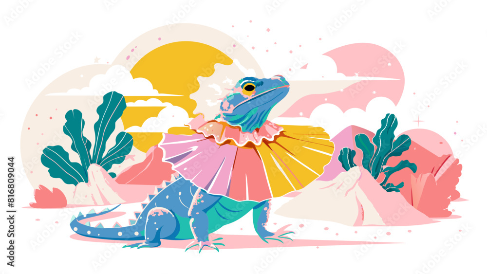 Fototapeta premium Colorful Illustrated Lizard in a Desert Landscape at Sunset. Vector illustration