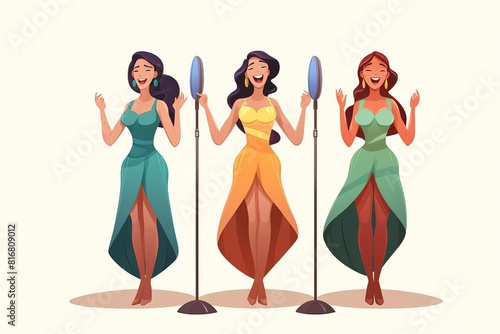 Simple siren singers on talent shows flat design front view voices of legend theme cartoon drawing Tetradic color scheme photo