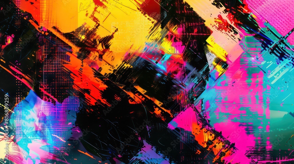 A colorful abstract painting with a lot of black and white splatters
