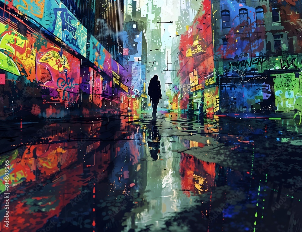 Naklejka premium “A lone figure traverses a vibrant urban landscape, mirrored in the wet ground, amidst buildings adorned with colorful graffiti.