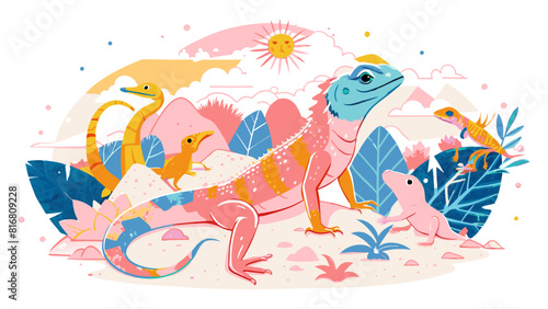 Colorful Illustrated Reptiles in a Tropical Habitat Scene. Vector illustration