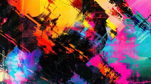 A colorful abstract painting with a lot of black and white splatters