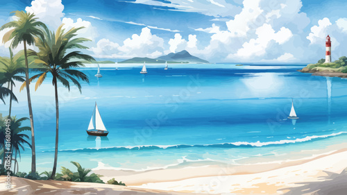 a painting of a beach with sailboats and palm trees © Thuan