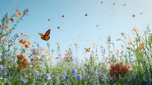 A magical meadow with wildflowers and butterflies under a clear blue sky
