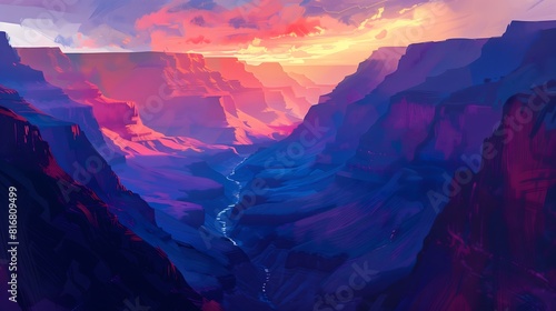 A majestic canyon at sunset with deep shadows and vibrant colors