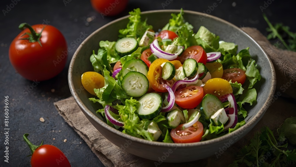 Healthy fresh green salad from leaves, cucumber, and tomatoes. Bowl of salad on dark food background. Healthy food concept. Healthy fresh green salad from leaves, cucumber, and tomatoes. Bowl of salad on dark food background. Healthy food concept.