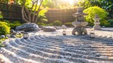A peaceful Zen garden with raked sand and stone lanterns