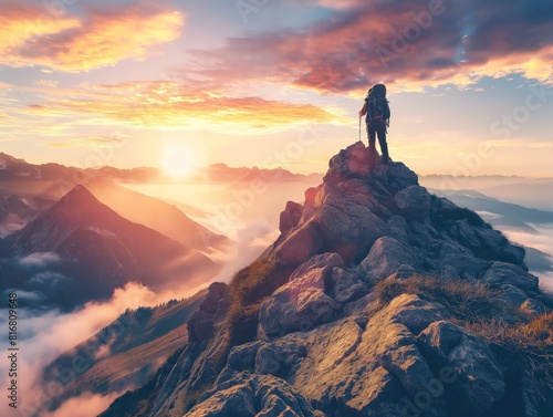 A lone hiker stands triumphantly on a rocky mountain peak, overlooking a breathtaking sunrise. The sky is painted with vibrant colors, symbolizing adventure, achievement, and the beauty of nature © cherezoff