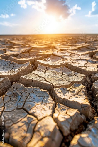 A beautiful sunset over a dry  cracked field. Suitable for agricultural or environmental themes