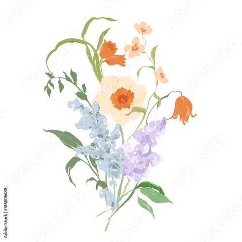 Watercolor abstract flower bouquet of narcissus and lilac. Hand painted floral card of wildflowers isolated on white background. Holiday Illustration for design, print, fabric or background.