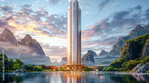 Futuristic Cityscape A Vision of Progress with Soaring Skyscrapers Amidst Majestic Mountains and Clouds Wallpaper Digital Art Poster Brainstorming Map Magazine Background Cover