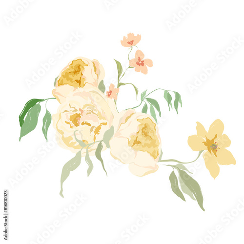 Watercolor abstract flower bouquet of peony and narcissus. Hand painted floral card of wildflowers isolated on white background. Holiday Illustration for design, print, fabric or background.