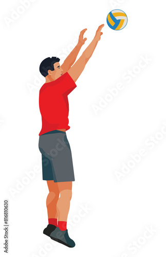 Asian volleyball player jumps straight with his hands raised high to catch or block the ball