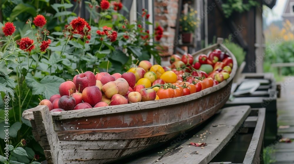 Gezellig, rustic wooden boat filled assortment fresh produce, sitting on wooden deck surrounded flowers greenery, warm inviting atmosphere Gezellig, rustic wooden boat filled assortment fresh produce, sitting on wooden deck surrounded flowers greenery, warm inviting atmosphere