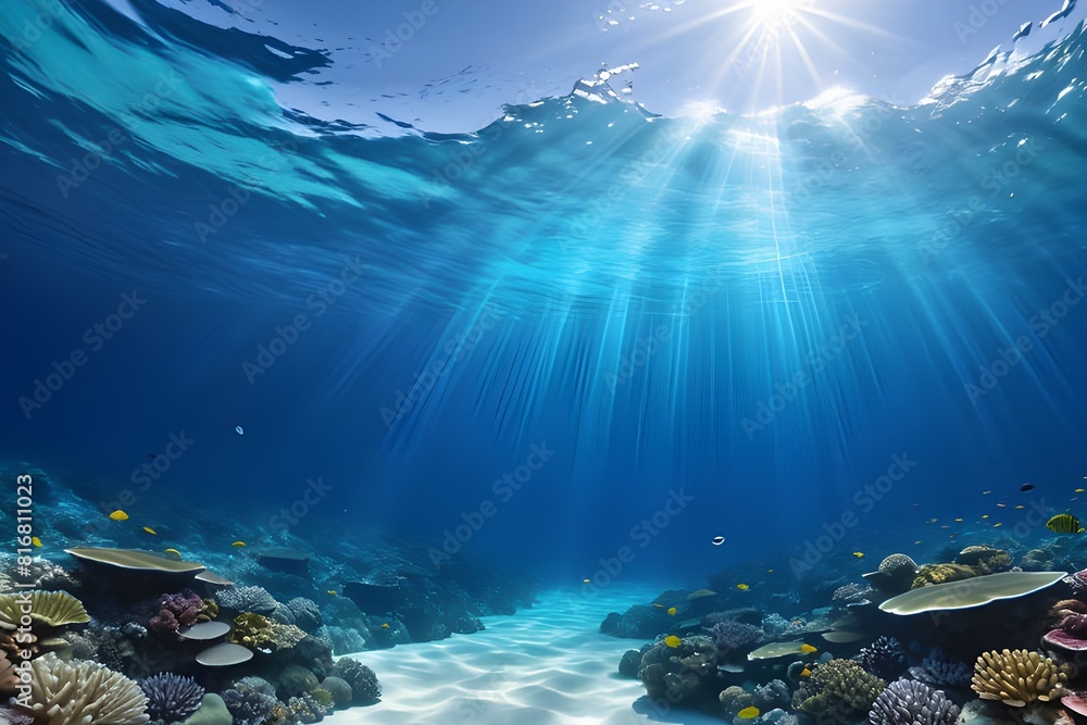 Fototapeta premium Sunbeams pierce the water, illuminating a vibrant coral reef, marine life. A serene underwater seascape, perfect for oceanography and natural aquatic themes. generative ai