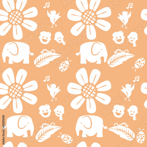Vector seamless pattern with the concept of nature happy living in minimal cartoon design, white on peach colored, flat element object with people, elephants, singing birds and flowers.