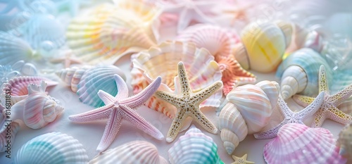 background of seashells and starfish, colorful pastel, soft lighting and a dreamy atmosphere, pink, blue, yellow, white. screensaver for mobile and computer screens