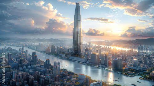 Futuristic Cityscape A Vision of Progress with Soaring Skyscrapers Amidst Majestic Mountains and Clouds Wallpaper Digital Art Poster Brainstorming Map Magazine Background Cover