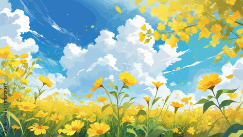 a field of yellow flowers under a blue sky