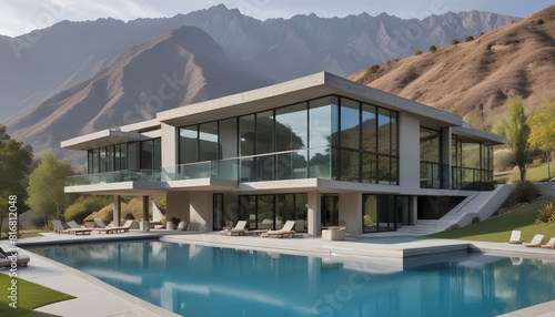 A modern  two-story glass and concrete house with a large swimming pool in the foreground  surrounded by a mountainous landscape