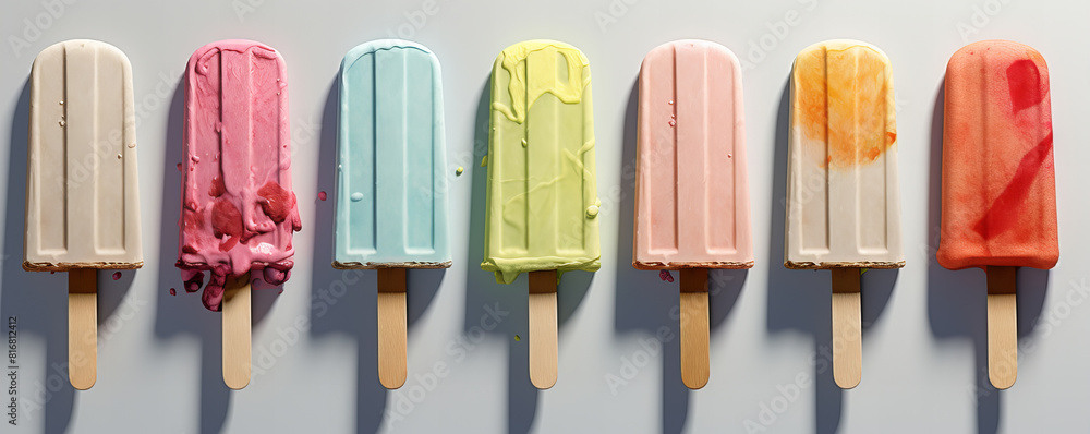 An assortment of various popsicles displayed together. An assortment of various popsicles displayed together.