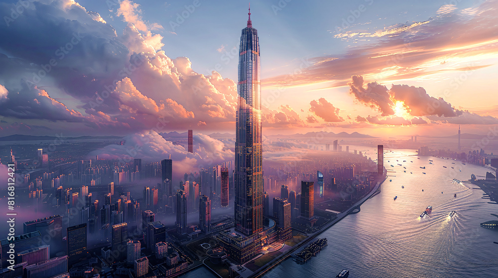 Naklejka premium Futuristic Cityscape A Vision of Progress with Soaring Skyscrapers Amidst Majestic Mountains and Clouds Wallpaper Digital Art Poster Brainstorming Map Magazine Background Cover