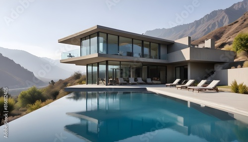 A modern  two-story glass and concrete house with a large swimming pool in the foreground  surrounded by a mountainous landscape