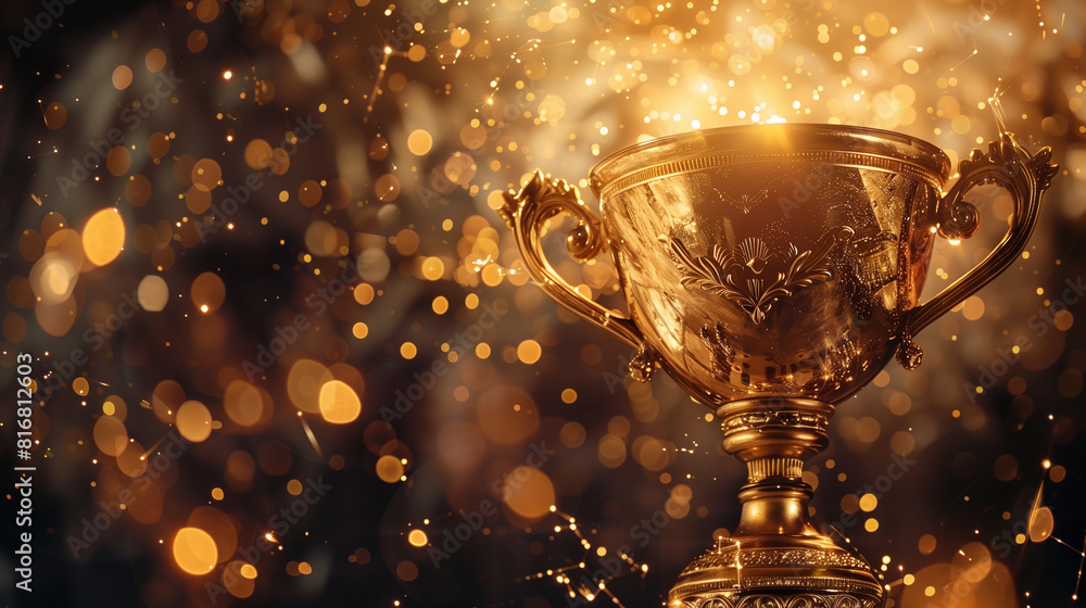 Golden Trophy Glowing with Sparkling Lights and Bokeh Background.. Golden Trophy Glowing with Sparkling Lights and Bokeh Background..