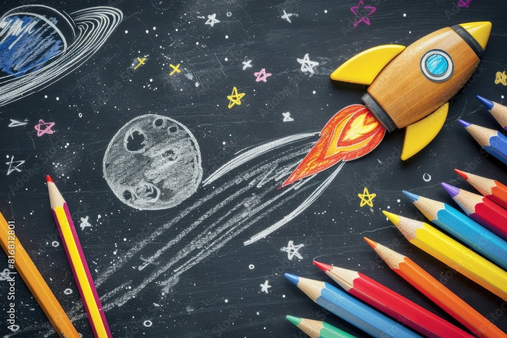 Naklejka premium Educational image of a rocket ship drawing on a chalkboard, perfect for school projects