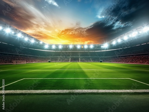 A vibrant football stadium illuminated under a stunning sunset sky, with lush green grass and a packed audience, capturing the excitement and anticipation of a major sporting event