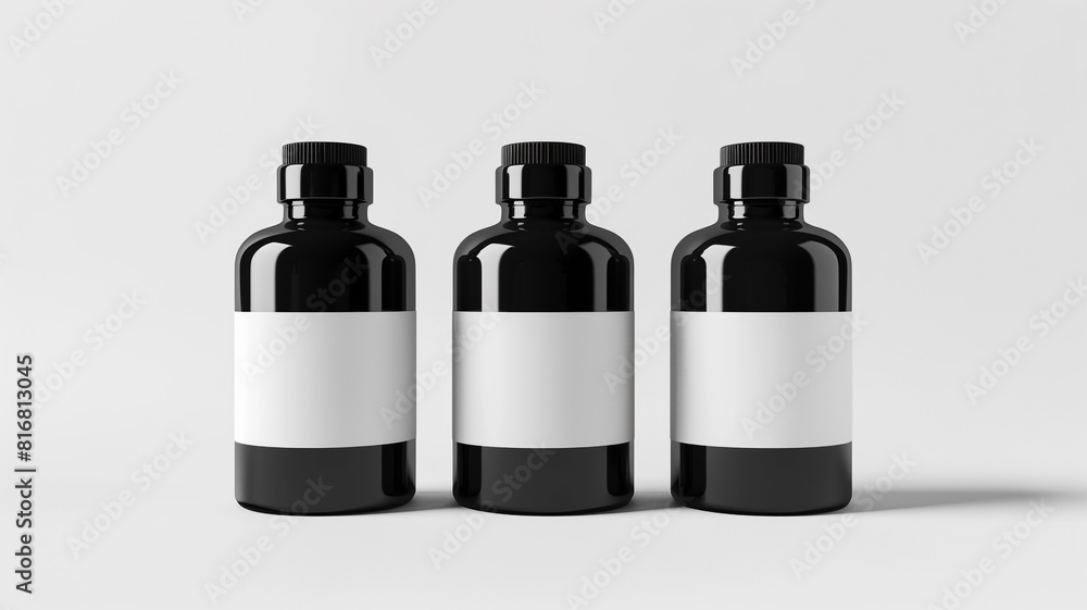 mockup black glass cosmetic bottles with white blank label on white background mockup black glass cosmetic bottles with white blank label on white background