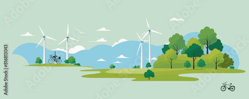 a green landscape with windmills and a bicycle
