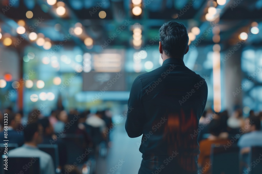 A man standing in front of a large group of people. Suitable for business presentations or leadership concepts A man standing in front of a large group of people. Suitable for business presentations or leadership concepts