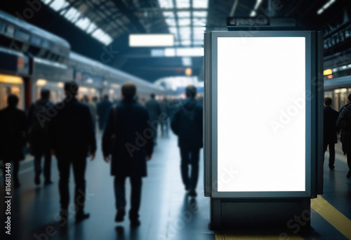 Advertising billboard mock up on railway station, blank advertising poster, public information board at railway station