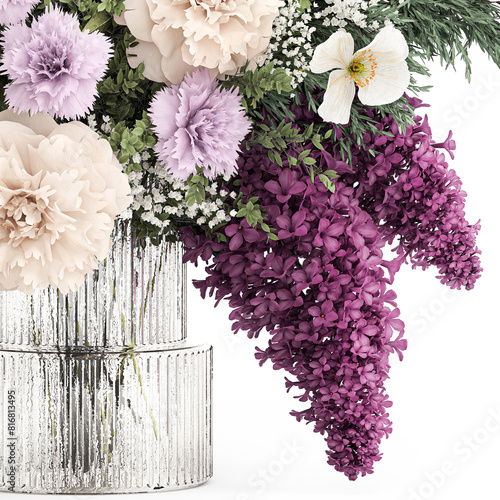  Bouquet of hydrangea lilac poppy peony in a vase isolated on white background