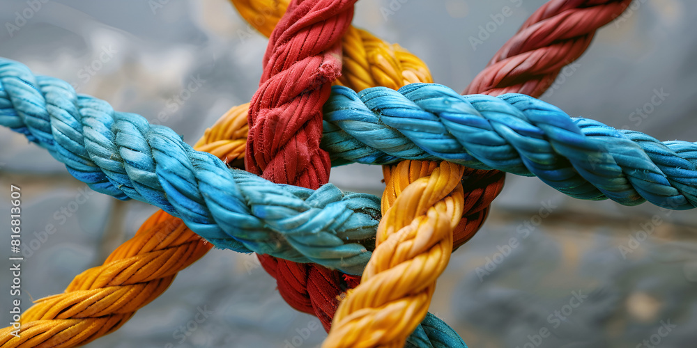 knot on a rope Several colored ropes tied together