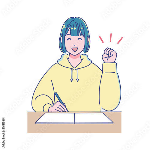 机で勉強するアニメ風の女子学生