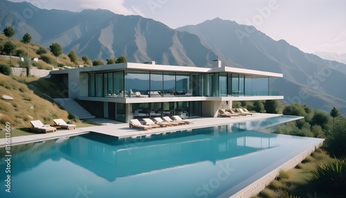 A modern  two-story glass and concrete house with a large swimming pool in the foreground  surrounded by a mountainous landscape