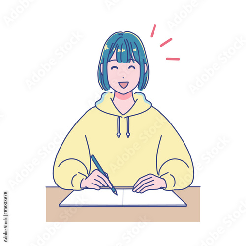 机で勉強するアニメ風の女子学生