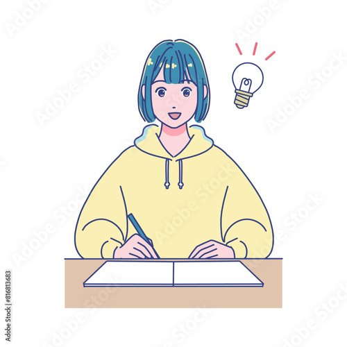 机で勉強するアニメ風の女子学生
