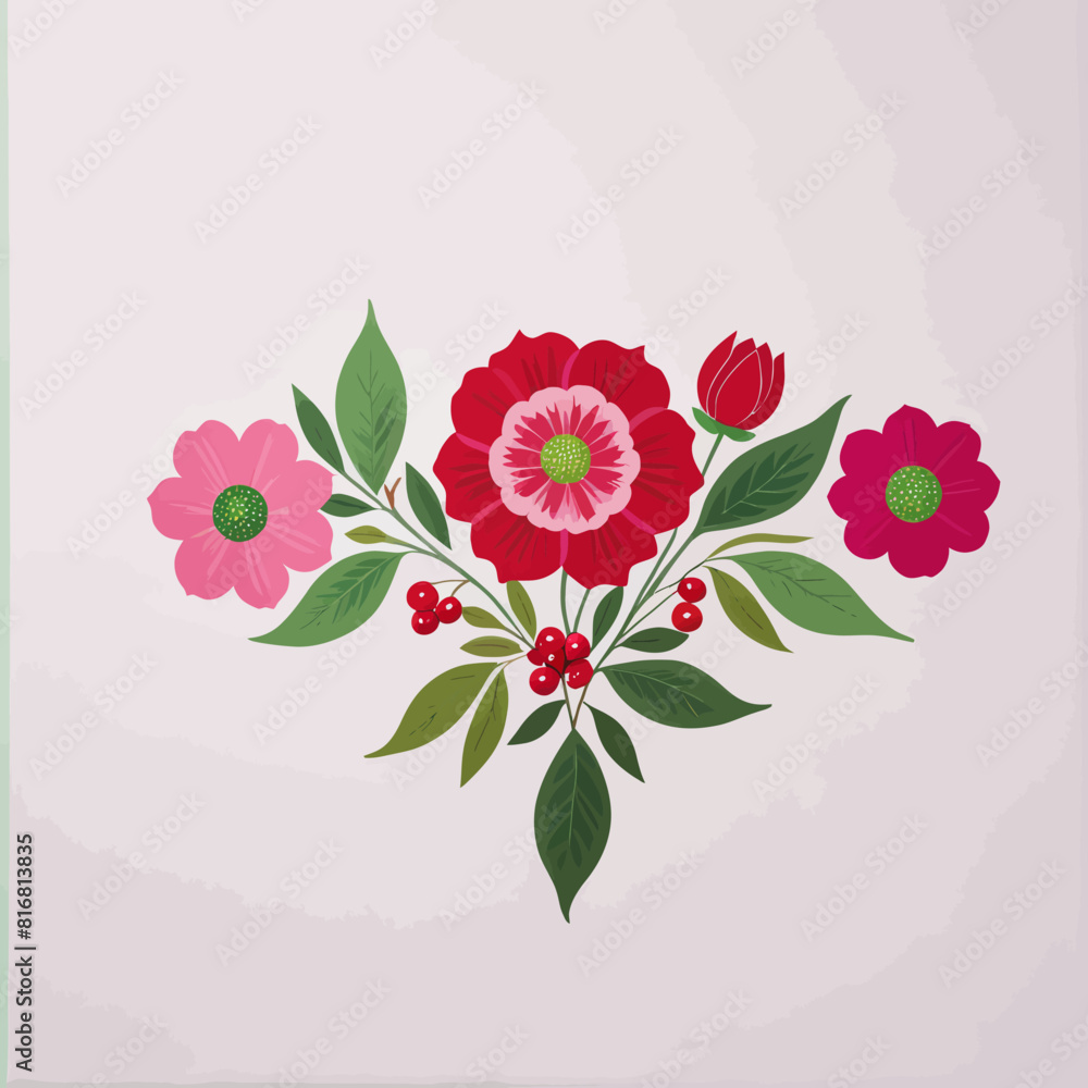 a painting of red and pink flowers on a white background