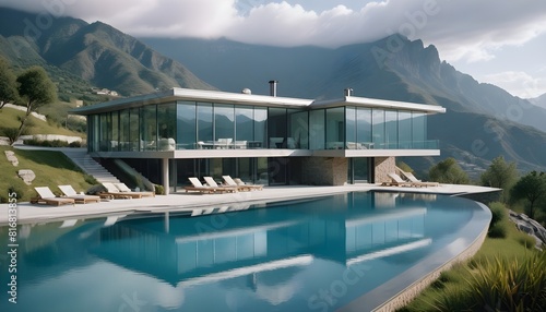 A modern  two-story glass and concrete house with a large swimming pool in the foreground  surrounded by a mountainous landscape