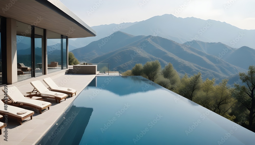 Fototapeta premium A modern, two-story glass and concrete house with a large swimming pool in the foreground, surrounded by a mountainous landscape