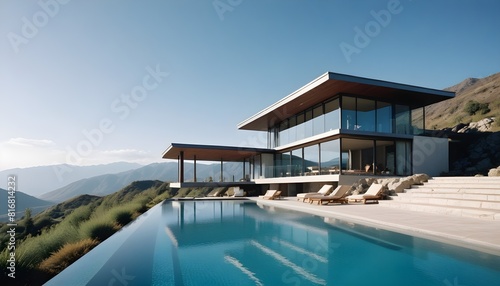 A modern  two-story glass and concrete house with a large swimming pool in the foreground  surrounded by a mountainous landscape