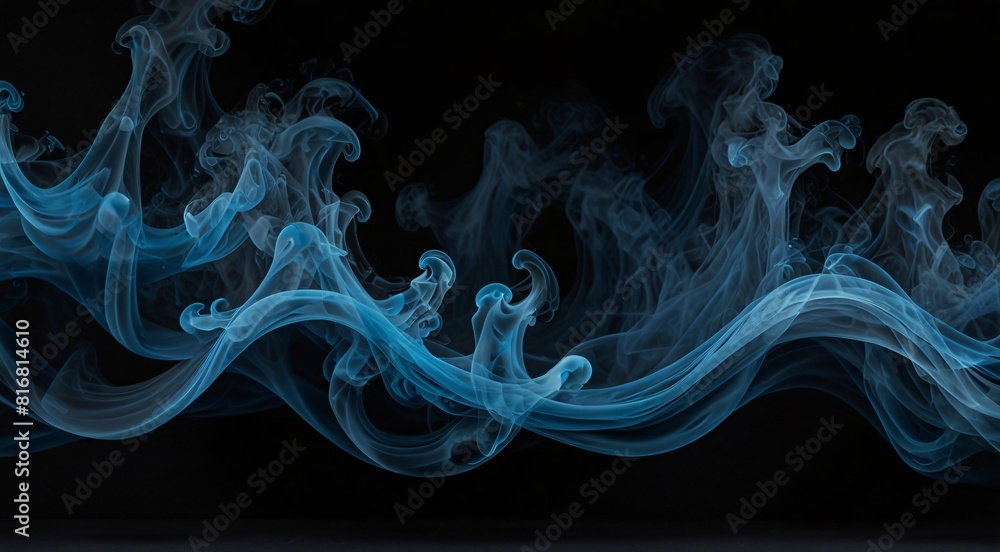 Fototapeta premium Abstract blue smoke waves on black background, ethereal vapor texture for design elements and overlays